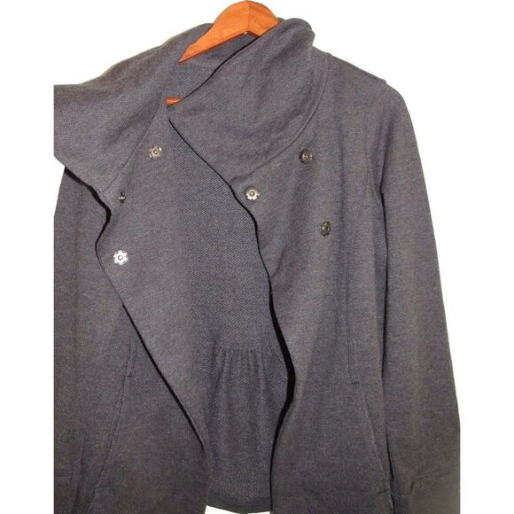 Eddie Bauer Dk Gray Moto Raw Edge Cardigan Sweater Snap Front Cowl Neck Jacket M - Picture 4 of 5